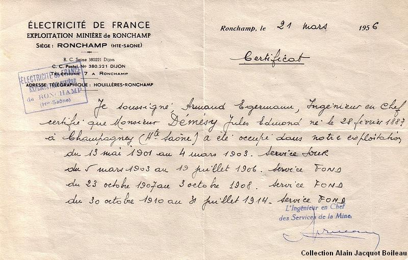Certificat de présence aux Houillères