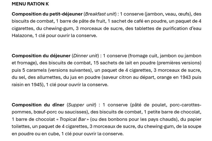 Menu Ration type K